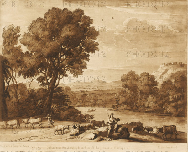 Landscape with Apollo and Mercury stealing the cattle, Prints after drawings by Claude Lorrain, Liber Veritatis. Or a Collection of Two Hundred Prints, after the original designs of Claude le Lorrain, print, Series number, 170, 200, printmaker: Richard Earlom, after drawing by Claude Lorrain, publisher: John Boydell, London, 1776-12-03, paper, mezzotint, etching, mezzotint and etching, printed in brown, height 208 mm x width 257 mm, From 1774 John Boydell published two hundred prints based on the drawing book Liber Veritatis by Claude Lorrain, in the possession of the Dukes of Cavendish. These prints were published in two volumes from 1777 onwards., Mercury steals the flock which Apollo is tending, landscape with bridge, viaduct or aqueduct - II - ideal landscapes, river - HH - ideal landscapes, A sepia-toned landscape drawing showing a wide river or lake bordered by trees and rolling hills, with large leafy trees dominating the left foreground and smaller clusters of trees on the righ...