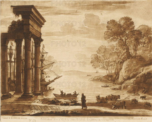 Coastal view with Ezekiel lamenting the destruction of Tyre, Liber Veritatis. Or a Collection of Two Hundred Prints, after the original designs of Claude le Lorrain, Prints after drawings by Claude Lorrain, print, Series number, 171, 200, printmaker: Richard Earlom, after drawing by Claude Lorrain, publisher: John Boydell, London, 1776-12-03, paper, mezzotint, etching, mezzotint and etching, printed in brown, height 207 mm x width 258 mm, From 1774 John Boydell published two hundred prints based on the drawing book Liber Veritatis by Claude Lorrain, in the possession of the Dukes of Cavendish. These prints were published in bundled two volumes starting in 1777., sailing-ship, sailing-boat, cattle, sea (seascape), coast - HH - ideal landscapes, Ezekiel prophesies against Tyrus (Ezekiel 26-28), Tyrus, A sepia-toned scene shows tall classical columns and an entablature on the left, with draped vegetation hanging from the structure and ships moored beside it, their masts and rigging visibl...