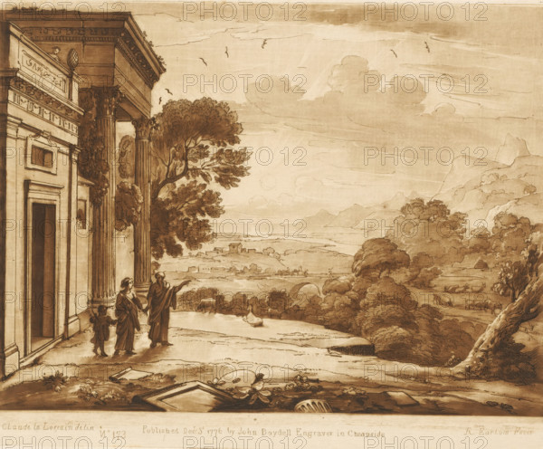 Landscape with Abraham rejecting Hagar and Ishmael, Liber Veritatis. Or a Collection of Two Hundred Prints, after the original designs of Claude le Lorrain, Prints after drawings by Claude Lorrain, print, Series number, 173, 200, printmaker: Richard Earlom, after drawing by Claude Lorrain, publisher: John Boydell, London, 1776-12-03, paper, mezzotint, etching, mezzotint and etching, printed in brown, height 207 mm x width 258 mm, From 1774 John Boydell published two hundred prints based on the drawing book Liber Veritatis by Claude Lorrain, in the possession of the Dukes of Cavendish. These prints were published in two volumes from 1777 onwards., sunset, the banishment of Hagar and Ishmael (Genesis 21:9-21), mountains - HH - ideal landscapes, city-view, and landscape with man-made constructions - II - ideal landscapes, A sepia-toned landscape drawing showing a classical building with tall fluted columns and ornate capitals on the left, a balcony and decorative cornice above, and a door...