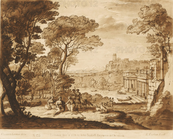 Landscape with the nymph Egeria, lamenting Numa, Liber Veritatis. Or a Collection of Two Hundred Prints, after the original designs of Claude le Lorrain, Prints after drawings by Claude Lorrain, print, Series number, 175, 200, printmaker: Richard Earlom, after drawing by Claude Lorrain, publisher: John Boydell, London, 1776-12-03, paper, mezzotint, etching, mezzotint and etching, printed in brown, height 208 mm x width 259 mm, From 1774 John Boydell published two hundred prints based on the drawing book Liber Veritatis by Claude Lorrain, in the possession of the Dukes of Cavendish. These prints were published in two volumes from 1777 onwards, landscape with ruins - II - ideal landscapes, lake - HH - ideal landscapes, Egeria changed into a fountain: when Egeria's grief at the death of Numa Pompilius cannot be assured, she melts away in tears, and is changed into a fountain (Ovid, Metamorphoses XV 546), A sepia-toned landscape drawing showing tall, leafy trees framing a wide open sky wit...