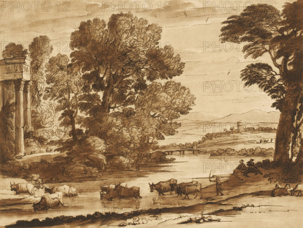 Landscape with ruins and cattle crossing a river, Prints after drawings by Claude Lorrain, Liber Veritatis. Or a Collection of Two Hundred Prints, after the original designs of Claude le Lorrain, print, Series number, 176, 200, printmaker: Richard Earlom, after drawing by Claude Lorrain, publisher: John Boydell, London, 1776-12-03, paper, mezzotint, etching, mezzotint and etching, printed in brown, height 208 mm x width 258 mm, From 1774 John Boydell published two hundred prints based on the drawing book Liber Veritatis by Claude Lorrain, in the possession of the Dukes of Cavendish. These prints were published in bundled two volumes starting in 1777., pastorals, Arcadian scenes, cattle driving, cattle driver, crossing a river, landscape with ruins - II - ideal landscapes, river - HH - ideal landscapes, A sepia-toned landscape drawing showing large, densely foliaged trees framing a river and distant fields, with a tall classical columned ruin on the left and a bridge crossing the water ...