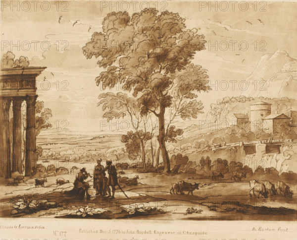 Landscape with shepherd family, ruin and drinking oxen, Prints after drawings by Claude Lorrain, Liber Veritatis. Or a Collection of Two Hundred Prints, after the original designs of Claude le Lorrain, print, Series number, 177, 200, printmaker: Richard Earlom, after drawing by Claude Lorrain, publisher: John Boydell, London, 1776-12-03, paper, mezzotint, etching, mezzotint and etching, printed in brown, height 206 mm x width 259 mm, From 1774 John Boydell published two hundred prints based on the drawing book Liber Veritatis by Claude Lorrain, in the possession of the Dukes of Cavendish. These prints were published in two volumes from 1777 onwards., pastorals, Arcadian scenes, herding, herdsman, herdswoman, shepherd, shepherdess, cowherd, cattle, landscape with ruins - II - ideal landscapes, waterfall - HH - ideal landscapes, A sepia-toned landscape drawing showing tall leafy trees near the center, a ruined classical columned structure on the left, and a small cluster of buildings wit...