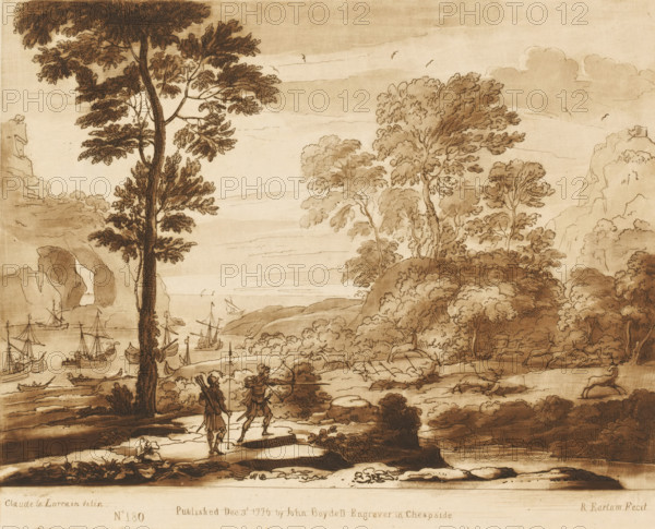 Coastal landscape with Aeneas and Achates hunting deer, Liber Veritatis. Or a Collection of Two Hundred Prints, after the original designs of Claude le Lorrain, Prints after drawings by Claude Lorrain, print, Series number, 180, 200, printmaker: Richard Earlom, after drawing by Claude Lorrain, publisher: John Boydell, London, 1776-12-03, paper, mezzotint, etching, mezzotint and etching, printed in brown, height 208 mm x width 258 mm, From 1774 John Boydell published two hundred prints based on the drawing book Liber Veritatis by Claude Lorrain, in the possession of the Dukes of Cavendish. These prints were published in bundled two volumes starting in 1777., stag-hunting, sea (seascape), hoofed animals: deer, the story of Aeneas' wanderings to Italy (Virgil, Aeneid), coast - HH - ideal landscapes, A sepia-toned landscape drawing showing a tall tree in the foreground with textured bark and clusters of leaves, a rocky shoreline with small sailing vessels moored and some boats under sail o...
