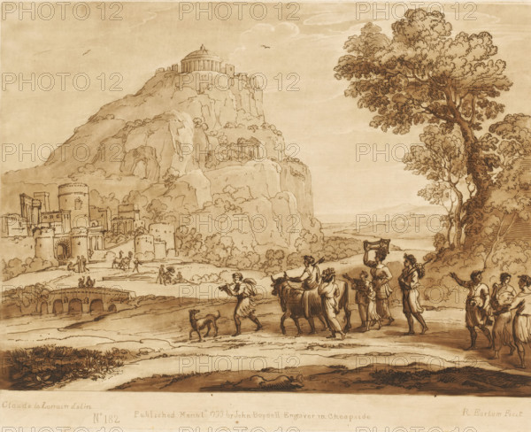 Landscape with a view of Delphi and procession, Liber Veritatis. Or a Collection of Two Hundred Prints, after the original designs of Claude le Lorrain, Prints after drawings by Claude Lorrain, print, Series number, 182, 200, printmaker: Richard Earlom, after drawing by Claude Lorrain, publisher: John Boydell, London, 1777-03-01, paper, mezzotint, etching, mezzotint and etching, printed in brown, height 206 mm x width 260 mm, From 1774 John Boydell published two hundred prints based on the drawing book Liber Veritatis by Claude Lorrain, in the possession of the Dukes of Cavendish. These prints were published in bundled two volumes starting in 1777., mountains - HH - ideal landscapes, landscape with bridge, viaduct or aqueduct - II - ideal landscapes, city-view, and landscape with man-made constructions - II - ideal landscapes, places and objects of worship, non-Christian religions, Euboea, Delphi, Parnassus, A sepia-toned landscape drawing shows a rocky hill topped by a circular temple...