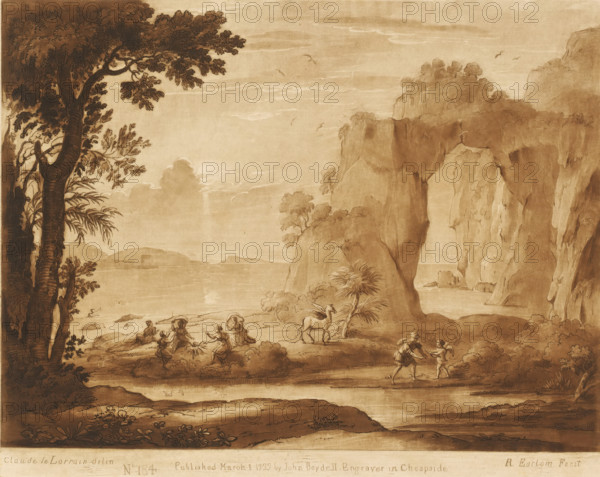 Coastal view with Pegasus, Perseus and the origins of coral, Liber Veritatis. Or a Collection of Two Hundred Prints, after the original designs of Claude le Lorrain, Prints after drawings by Claude Lorrain, print, Series number, 184, 200, printmaker: Richard Earlom, after drawing by Claude Lorrain, publisher: John Boydell, London, 1777-03-01, paper, mezzotint, etching, mezzotint and etching, printed in brown, height 207 mm x width 258 mm, From 1774 John Boydell published two hundred prints based on the drawing book Liber Veritatis by Claude Lorrain, in the possession of the Dukes of Cavendish. These prints were published in two volumes from 1777 onwards, sea (seascape), rocky coast, Pegasus, the winged horse, Perseus lays down Medusa's head on a bed of leaves and seaweed which turn into coral, ie the origin of coral, A sepia-toned landscape drawing shows tall trees with textured trunks and leafy branches on the left, rocky cliffs covered with vegetation on the right, and a calm sea or ...