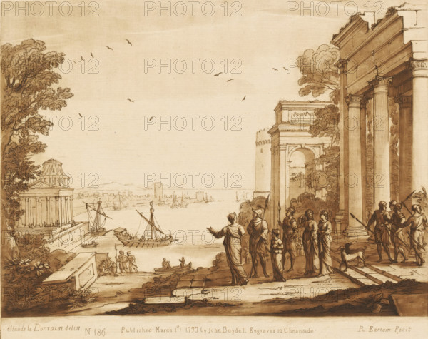 View of Carthage with Dido and Aeneas, Prints after drawings by Claude Lorrain, Liber Veritatis. Or a Collection of Two Hundred Prints, after the original designs of Claude le Lorrain, print, Series number, 186, 200, printmaker: Richard Earlom, after drawing by Claude Lorrain, publisher: John Boydell, London, 1777-03-01, paper, mezzotint, etching, mezzotint and etching, printed in brown, height 207 mm x width 260 mm, From 1774 John Boydell published two hundred prints based on the drawing book Liber Veritatis by Claude Lorrain, in the possession of the Dukes of Cavendish. These prints were published in two volumes from 1777 onwards, assembling, 'départ pour la chasse', sea (seascape), landscape with ruins - II - ideal landscapes, coast - HH - ideal landscapes, Dido and Aeneas departing for the hunt, North Africa, Carthage, A sepia-toned drawing depicting a riverside scene with classical architecture and groups of people; on the right a large colonnaded structure with ornate capitals an...