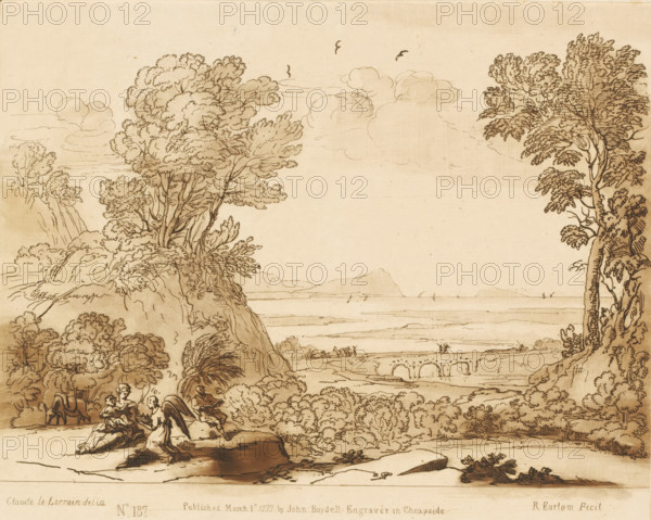 Landscape with angel and rest during the flight to Egypt, Liber Veritatis. Or a Collection of Two Hundred Prints, after the original designs of Claude le Lorrain, Prints after drawings by Claude Lorrain, print, Series number, 187, 200, printmaker: Richard Earlom, after drawing by Claude Lorrain, publisher: John Boydell, London, 1777-03-01, paper, mezzotint, etching, mezzotint and etching, printed in brown, height 208 mm x width 260 mm, From 1774 John Boydell published two hundred prints based on the drawing book Liber Veritatis by Claude Lorrain, in the possession of the Dukes of Cavendish. These prints were published in bundled two volumes starting in 1777., landscape with bridge, viaduct or aqueduct - II - ideal landscapes, rest on the flight into Egypt - BB - landscape predominant (+angel(s)), A sepia-toned ink drawing showing a coastal landscape with a large expanse of sky filled with soft, rounded clouds and a few small birds in flight; on the left a rocky promontory rises with de...