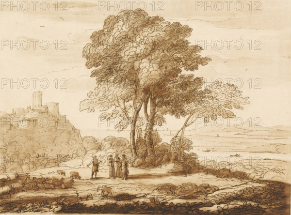 Landscape with Jacob, Laban, Rachel and Leah, Liber Veritatis. Or a Collection of Two Hundred Prints, after the original designs of Claude le Lorrain, Prints after drawings by Claude Lorrain, print, Series number, 188, 200, printmaker: Richard Earlom, after drawing by Claude Lorrain, publisher: John Boydell, London, 1777-03-01, paper, mezzotint, etching, mezzotint and etching, printed in brown, height 207 mm x width 260 mm, From 1774 John Boydell published two hundred prints based on the drawing book Liber Veritatis by Claude Lorrain, in the possession of the Dukes of Cavendish. These prints were published in two volumes starting in 1777., cattle, coast - HH - ideal landscapes, village - II - ideal landscapes, Jacob serving Laban for Rachel and Leah (Genesis 29:14-30), A sepia landscape drawing showing a group of tall, leafy trees near the center with textured trunks and dense foliage, a cluster of figures standing beneath the trees with one figure extending an arm and others gathered ...