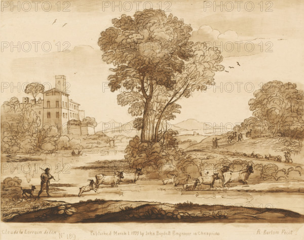 Landscape with Jacob's journey to Canaan, Liber Veritatis. Or a Collection of Two Hundred Prints, after the original designs of Claude le Lorrain, Prints after drawings by Claude Lorrain, print, Series number, 189, 200, printmaker: Richard Earlom, after drawing by Claude Lorrain, publisher: John Boydell, London, 1777-03-01, Richard Earlom, Claude Lorrain, John Boydell, printmaker, after drawing by, publisher, paper, mezzotint, etching, mezzotint and etching, printed in brown, height 206 mm x width 257 mm, From 1774 John Boydell published two hundred prints based on the drawing book Liber Veritatis by Claude Lorrain, in the possession of the Dukes of Cavendish. These prints were published in two volumes from 1777 onwards, cattle driving, cattle driver, crossing a river, Jacob on the way to Canaan with his family, his flocks, camels and all his possessions, river - HH - ideal landscapes, city-view, and landscape with man-made constructions - II - ideal landscapes, A sepia-toned landscape...