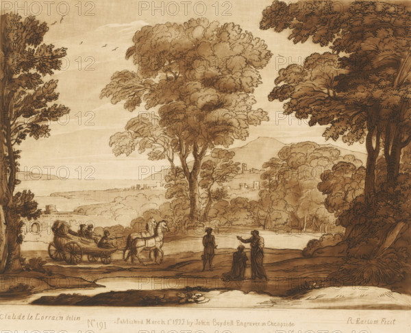 Landscape with the baptism of the eunuch, Prints after drawings by Claude Lorrain, Liber Veritatis. Or a Collection of Two Hundred Prints, after the original designs of Claude le Lorrain, print, Series number, 191, 200, printmaker: Richard Earlom, after drawing by Claude Lorrain, publisher: John Boydell, London, 1777-03-01, paper, mezzotint, etching, mezzotint and etching, printed in brown, height 206 mm x width 257 mm, From 1774 John Boydell published two hundred prints based on the drawing book Liber Veritatis by Claude Lorrain, in the possession of the Dukes of Cavendish. These prints were published in two volumes from 1777 onwards., chariot, triumphal car, Philip baptizes the Eunuch, river - HH - ideal landscapes, A sepia-toned landscape drawing shows a roadside scene framed by large, leafy trees on both sides with a distant ridge and scattered buildings visible between the foliage. In the foreground a horse-drawn cart with two seated figures is moving along a path, the horses turn...