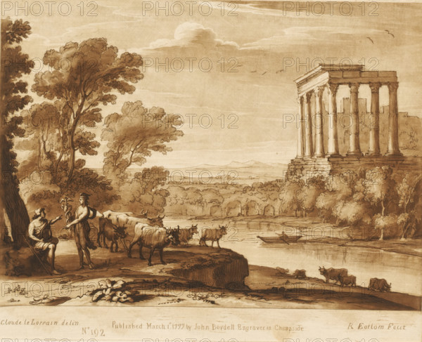 Landscape with Mercury giving the lyre to Apollo, Prints after drawings by Claude Lorrain, Liber Veritatis. Or a Collection of Two Hundred Prints, after the original designs of Claude le Lorrain, print, Series number, 192, 200, printmaker: Richard Earlom, after drawing by Claude Lorrain, publisher: John Boydell, London, 1777-03-01, paper, mezzotint, etching, mezzotint and etching, printed in brown, height 206 mm x width 257 mm, From 1774 John Boydell published two hundred prints based on the drawing book Liber Veritatis by Claude Lorrain, in the possession of the Dukes of Cavendish. These prints were published in two volumes from 1777 onwards., cattle, landscape with ruins - II - ideal landscapes, river - HH - ideal landscapes, Mercury gives his lyre to Apollo, Apollo gives his staff (caduceus) to Mercury in return for the lyre, A sepia-toned landscape shows a river bordered by trees and bushes, with a classical temple of columns and a stepped base perched on a rocky bank to the right;...