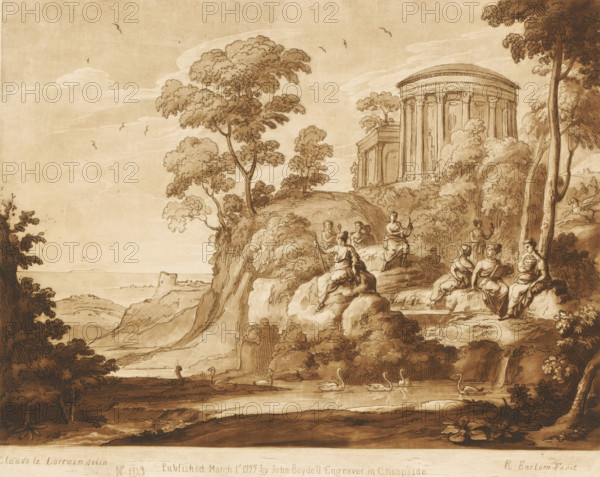 Apollo and the Muses on Mount Helicon, Prints after drawings by Claude Lorrain, Liber Veritatis. Or a Collection of Two Hundred Prints, after the original designs of Claude le Lorrain, print, Series number, 193, 200, printmaker: Richard Earlom, after drawing by Claude Lorrain, publisher: John Boydell, London, 1777-03-01, paper, mezzotint, etching, mezzotint and etching, printed in brown, height 207 mm x width 258 mm, From 1774 John Boydell published two hundred prints based on the drawing book Liber Veritatis by Claude Lorrain, in the possession of the Dukes of Cavendish. These prints were published in bundled two volumes starting in 1777., Pegasus, the winged horse, Apollo and the Muses, Apollo Musagetes, mountains - HH - ideal landscapes, city-view, and landscape with man-made constructions - II - ideal landscapes, Helicon, sacred to the Muses, Euboea, A sepia-toned landscape drawing shows a rocky hillside with trees and shrubs, a group of classical columns and a round temple partial...