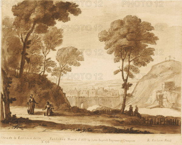 Landscape with Christ appearing to Mary Magdalene (Noli me tangere), Liber Veritatis. Or a Collection of Two Hundred Prints, after the original designs of Claude le Lorrain, Prints after drawings by Claude Lorrain, print, Series number, 194, 200, On the right a view of Golgotha., printmaker: Richard Earlom, after drawing by Claude Lorrain, publisher: John Boydell, London, 1777-03-01, paper, mezzotint, etching, mezzotint and etching, printed in brown, height 207 mm x width 258 mm, From 1774 John Boydell published two hundred prints based on the drawing book Liber Veritatis by Claude Lorrain, in the possession of the Dukes of Cavendish. These prints were published in two volumes from 1777 onwards., Mary Magdalene kneeling before Christ, who is usually represented as a gardener with a hoe and, or a spade, 'Noli me tangere', city-view, and landscape with man-made constructions, mountains, the cross(es) in the background, Jerusalem, Golgotha, A sepia-toned landscape drawing showing tall, le...