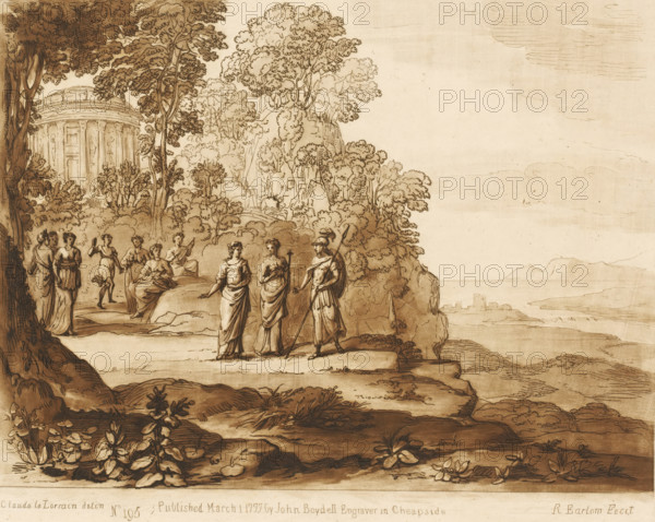 Minerva visits the muses on Mount Helicon, Prints after drawings by Claude Lorrain, Liber Veritatis. Or a Collection of Two Hundred Prints, after the original designs of Claude le Lorrain, print, Series number, 195, 200, printmaker: Richard Earlom, after drawing by Claude Lorrain, publisher: John Boydell, London, 1777-03-01, paper, mezzotint, etching, mezzotint and etching, printed in brown, height 207 mm x width 258 mm, From 1774 John Boydell published two hundred prints based on the drawing book Liber Veritatis by Claude Lorrain, in the possession of the Dukes of Cavendish. These prints were published in two volumes from 1777 onwards., temple, shrine, Roman religion, mountains - HH - ideal landscapes, Minerva visits the Muses on Mount Helicon to see the fountain Hippocrene, which Pegasus had just brought forth, Helicon, sacred to the Muses, A sepia ink landscape showing a rocky shoreline with plants in the foreground and a cluster of trees and shrubs rising behind a ledge, a domed cl...