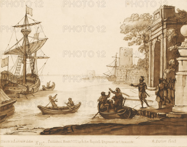 Seaport with triumphal arch and embarkation of a soldier, Prints after drawings by Claude Lorrain, Liber Veritatis. Or a Collection of Two Hundred Prints, after the original designs of Claude le Lorrain, print, Series number, 197, 200, printmaker: Richard Earlom, after drawing by Claude Lorrain, publisher: John Boydell, London, 1777-03-01, paper, mezzotint, etching, mezzotint and etching, printed in brown, height 177 mm x width 227 mm, From 1774 John Boydell published two hundred prints based on the drawing book Liber Veritatis by Claude Lorrain, in the possession of the Dukes of Cavendish. These prints were published in bundled two volumes starting in 1777., sailing-ship, sailing-boat, sea (seascape), triumphal arch, ships (in general) (getting in, mounting, embarkation), coast - HH - ideal landscapes, A sepia-toned scene of a harbor with sailboats and small rowboats on calm water, a large ship with tall masts and rigging moored at the left, several smaller boats with figures rowing o...