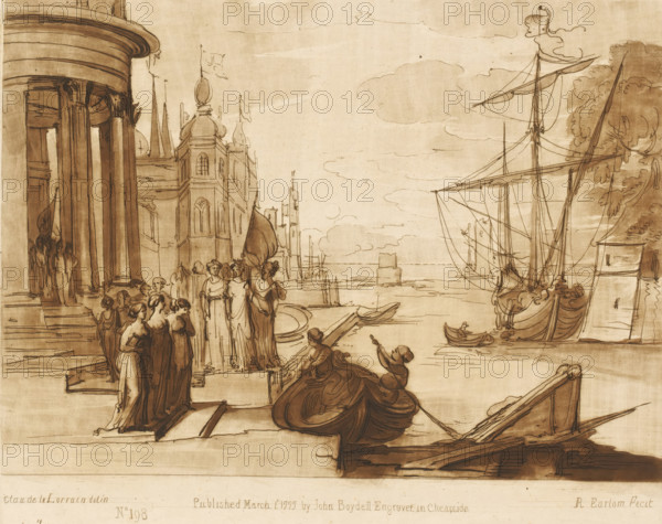 Seaport with embarkation of Saint Ursula and her maidens, Prints after drawings by Claude Lorrain, Liber Veritatis. Or a Collection of Two Hundred Prints, after the original designs of Claude le Lorrain, print, Series number, 198, 200, printmaker: Richard Earlom, after drawing by Claude Lorrain, publisher: John Boydell, London, 1777-03-01, paper, mezzotint, etching, mezzotint and etching, printed in brown, height 208 mm x width 260 mm, From 1774 John Boydell published two hundred prints based on the drawing book Liber Veritatis by Claude Lorrain, in the possession of the Dukes of Cavendish. These prints were published in two volumes from 1777 onwards., harbour, sea (seascape), ships (in general) (getting in, mounting, embarkation), city-view, and landscape with man-made constructions - II - ideal landscapes, the pilgrimage of St. Ursula and her companions to Rome, A sepia-toned drawing shows a waterfront scene with classical architecture on the left featuring large round columns and a ...