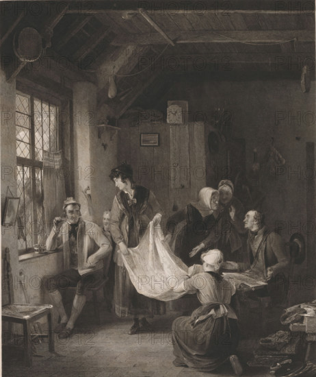 The Pedlar, Pedlar in a Living Room, print, printmaker: James S. Stewart, after painting by David Wilkie, printer (person): Lloyd & Hennings, publisher: Moon, Boys & Graves, London, dedicated to: Sophia Baillie, 1834, printer (person), paper, chine collé, etching, engraving, height 488 mm x width 375 mm, family life at home, pedlar, An interior scene shows a room with exposed wooden beams and a window with diamond-patterned panes on the left; several people occupy the space, including a seated man near the window holding a pipe and leaning on the sill, a standing young woman in the center holding a large patterned cloth, a kneeling woman in front of her supporting the cloth, and an older woman leaning forward while another older woman stands behind her. A seated man on the right gestures toward the cloth while holding an unfolded sheet, and household items such as a clock on a cabinet, hanging objects from the beams, a spinning wheel, and stacks of folded fabric and boxes are visible a...