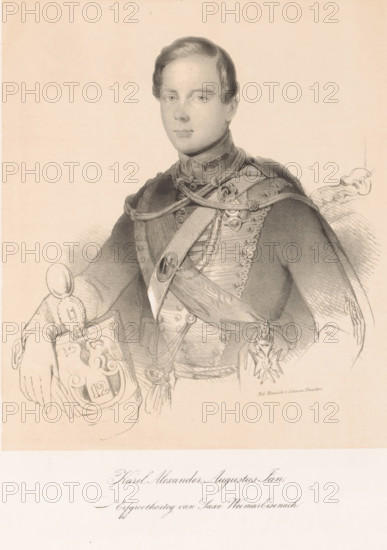 Portrait of Charles Alexander of Saxe-Weimar-Eisenach, Charles Alexander Augustus John, Hereditary Grand Duke of Saxe-Weimar-Eisenach, print, printmaker: Charles Rochussen, printmaker: Franciscus Bernardus Waanders, printer (person): Nederlandsche Maatschappij van Schoone Kunsten, The Hague, 1842 - 1843, paper, tone lithograph, tone lithograph in black with tone block in beige, height 335 mm x width 248 mm, A monochrome portrait drawing of a young man shown from the waist up wearing a decorated military uniform with ornate braiding across the chest, a high collar, and a sash across his torso; he has short, neatly combed hair and a calm facial expression while one hand rests on an elaborately patterned helmet or shield that features decorative elements, and the other arm is partially visible with detailed fabric shading and tassels, with a medal or star hanging near his hip and subtle background shading behind him.