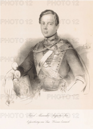 Karel Alexander Augustus Jan, Hereditary Grand Duke of Saxe-Weimar-Eisenach, Portrait of Karel Alexander of Saxe-Weimar-Eisenach, print, printmaker: Charles Rochussen, printmaker: Franciscus Bernardus Waanders, printer (person): Nederlandsche Maatschappij van Schoone Kunsten, The Hague, 1842 - 1843, paper, tone lithograph, tone lithograph in black with tone block in beige, height 362 mm x width 264 mm, A seated young man in a detailed military uniform is shown from the waist up, facing forward with a neutral expression and styled hair; his uniform features braided cords, decorative buttons, a sash across his chest, and an ornate medal hanging at his side, while one gloved hand rests on a richly patterned cushion and the other arm bends at his side, all rendered in soft pencil shading on a light background.