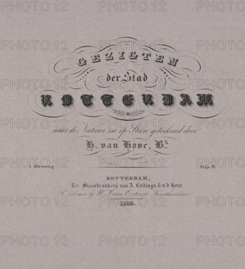 Cover with a series of views of Rotterdam, Views of the City of Rotterdam, wrapper, print, Cover with a series of eight lithographs of views of Rotterdam., printmaker: Huib van Hove Bz, printer (person): Collings & van den Hout, A., Rotterdam, vendor: WJ van Oosterzee, 1835, printer (person), paper, lithography, cover of grey-blue paper, height 463 mm x width 621 mm, city-view in general, 'veduta', A pale textured paper background with ornate black ornamental swirls and flourishes concentrated near the upper center, surrounded by decorative oval frames containing shaded blackletter-style shapes, and additional delicate looping lines and dot patterns; faint ornamental foliage motif appears beneath the central ovals, and a thin horizontal rule sits below the decorated area, with sparse printed elements and fine script-like strokes spaced beneath on the upper half of the page while the lower portion remains largely empty.