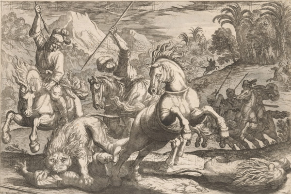 Lion Hunt, Hunting Scenes (Part 7), print, Landscape with hunters on horseback hunting lions. In the foreground a lion attacking one of the hunters., printmaker: Antonio Tempesta, Rome, dedicated to: Charles of Valois (Duke of Angoulême), 1608, 1621, paper, etching, colour, hand-coloured in grey, height 203 mm x width 283 mm, This print is part of a series of eight prints (dedication) with hunting scenes., hunter, hunters hunting (NB: In 1988-1990 this notation denoted the concept of 43C11421 'hunters resting during the hunt'), A detailed monochrome engraving shows a chaotic scene with rearing horses and mounted figures in motion across a rugged landscape; in the foreground a pair of horses dominate, one rearing with flared nostrils and flowing mane and the other twisting as a rider raises a long spear above his head; a fallen lion with a human figure beneath it lies at the riders' feet, the lion's face turned toward the viewer; additional riders and horses form a clustered melee to th...