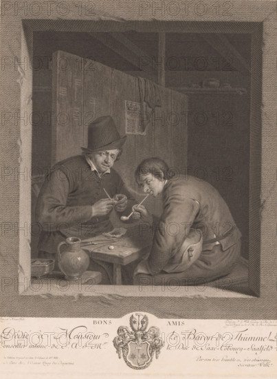 Bons amis, Two pipe-smoking men, print, Series number, 18, printmaker: Johann Georg Wille, Paris, after painting by Adriaen van Ostade, dedicated to: Hans Wilhelm von Thümmel, 1773, paper, engraving, etching, height 284 mm x width 225 mm, This print is part of a series of unknown size based on Dutch and German paintings. On some prints it is indicated at the top left which number in the series it concerns., interior of the house, pipe, tobacco, A framed engraving of two men seated at a small wooden table inside a dim interior, one man wearing a tall hat and vest looks down as he holds a slender object and another man in a rounded cap and coat leans forward holding a long stemmed pipe toward his mouth, the table bearing small round objects and a knife, a jug sits on a lower surface beside the table, wooden plank walls rise behind them with a hanging cloth and a paper attached, shelf with bowls is visible in the background and the scene is bordered by a patterned frame.