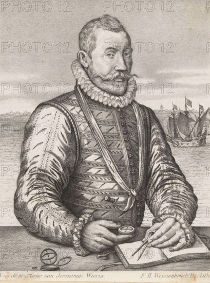 Portrait of Squire Willem van Bloys said of Treslong, print, printmaker: Frederik Hendrik Weissenbruch, after print by Hieronymus Wierix, 1838 - 1887, Hieronymus Wierix, after print by, paper, lithography, height 118 mm x width 90 mm, Person, esquire Willem Bloys van Treslong, historical persons, A seated man shown from the waist up wears ornate period clothing with a high ruffled collar and patterned doublet with padded, slashed sleeves and decorative stitching; he has a short beard and a curled mustache and looks slightly to the side with a composed expression. His hands rest on a table, one holding a small round instrument and the other using a pair of compasses over an open book with a radiating geometric drawing. On the table nearby are a spherical armillary-like object and an open circular case. In the background a body of water stretches to the horizon where several sailing ships with furled sails and flags are visible under a lightly clouded sky. The image is rendered in detail...