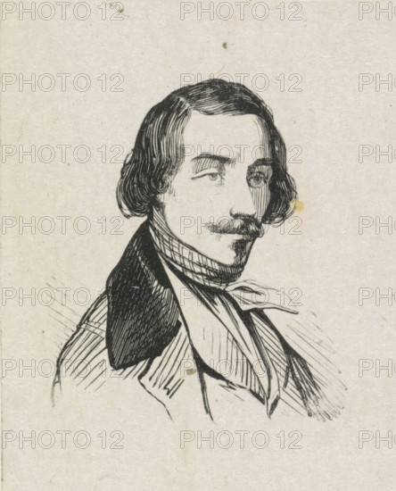 Portrait of Jan August Hendrik Leys, print, after drawing by Henri Leys (baron), 1825 - c. 1919, printmaker, paper, wood engraving, height 71 mm x width 56 mm, Person, historical persons, portrait, self-portrait of artist, A black ink line drawing of a man from the chest up on a textured light paper background, showing a wavy dark hairstyle parted near the center, arched eyebrows, and a narrow mustache above a small goatee, with one eye slightly more detailed and the other partially shaded; he wears a high collared coat with broad dark lapels and a cravat or scarf tied at the neck, with crosshatching and parallel lines used for shading on the clothing and hair.