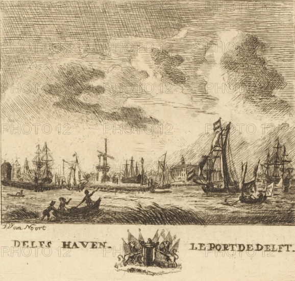 Delfs Haven, Le Port de Delft, View of Delfshaven, print, Delfshaven seen from the sea with ships off the coast. In the middle on the quay a windmill., printmaker: Jan van Noort (1756-1837), Leiden, 1766 - 1837, paper, etching, engraving, etching and engraving, height 109 mm x width 124 mm, harbour, Rotterdam, Delfshaven, A detailed etching of a harbor scene with numerous sailing ships and masts clustered along the waterfront, a large cloud-filled sky with varied crosshatched shading, small rowboats in the foreground with figures rowing and standing at the water's edge, a windmill visible among the waterfront buildings, a larger vessel with a prominent mast and rigging near the center-right, and an ornamental crest or emblem positioned below the harbor scene.