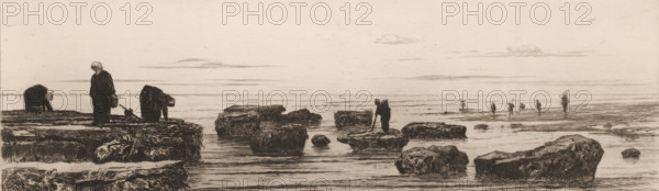 Seaweed gatherers on the coast near Veules, Les ramasseurs de varech à Veules (original title), Souvenir du Hâvre (original series title), print, View of a beach with boulders where people are gathering seaweed in the surf., printmaker: Carel Nicolaas Storm van 's-Gravesande, c. 1873, Carel Nicolaas Storm van 's-Gravesande, paper, etching, intaglio printmaking technique, height 131 mm x width 360 mm, beach (landscape with figures, staffage), gathering herbs, Veules (city), A horizontal seascape rendered in monochrome shows a shallow shoreline with large irregular rocks scattered across the water and foreground, their textured surfaces emphasized by dense crosshatching and shadowing, while thin horizontal lines indicate calm water and a distant horizon under a pale sky with a few wispy clouds; several figures in simple dark clothing stand or bend near the rocks and water’s edge, some carrying baskets or tools and one appearing to lean on a stick on a rock, with smaller distant figures w...