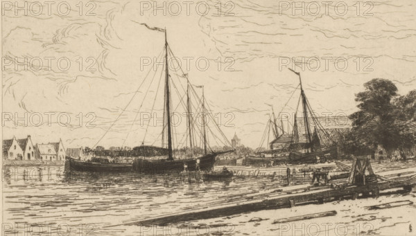 Chantiers à Muiden (original title), Shipyard in Muiden, print, number: 'No 6', printmaker: Carel Nicolaas Storm van 's-Gravesande, c. 1877, Carel Nicolaas Storm van 's-Gravesande, paper, Japanese paper (handmade paper), etching, intaglio printmaking technique, height 160 mm x width 250 mm, shipyard, shipdock, Muiden, A monochrome etching of a riverside scene showing moored sailing vessels with tall masts and rigging, a small rowboat alongside a larger boat, wooden docks and beams in the foreground, clustered buildings and warehouses along the waterline, a line of low houses on the opposite bank, a distant tower rising above trees, groups of trees and foliage to the right, and a sky filled with swirling, linear cloud patterns.