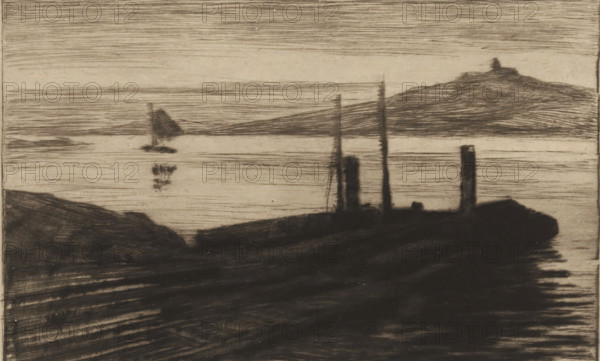 View of a shipyard, print, A sailboat is sailing in the background., number: '402', printmaker: Carel Nicolaas Storm van 's-Gravesande (signed by artist), 1851 - 1924, Carel Nicolaas Storm van 's-Gravesande, paper, drypoint, intaglio printmaking technique, height 170 mm x width 241 mm, Possibly mentioned in: Storm van 's-Gravesande, Charles. Catalogue des eaux-fortes et lithographies. New York: sn, 1903, or in an unknown later edition of the manuscript. Presumably listed as catalogue number 402., pier, quay, wharf, A monochrome coastal scene rendered with horizontal hatch marks and soft shading shows a calm body of water extending toward the horizon, a small sailboat with a dark triangular sail near the middle left, and a faint reflection beneath it. Dark, silhouetted landforms frame the foreground and right side, with a low promontory and a cluster of vertical masts or poles rising near the shore. In the distant right background a rounded hill with a small dark structure on its summit...