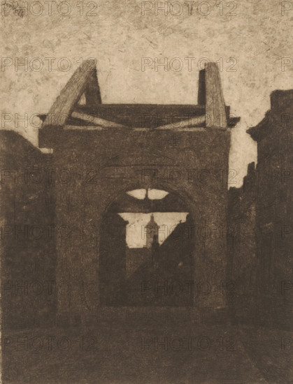 Drawbridge, Dordrecht, print, printmaker: Jan Veth, 1887, paper, etching, drypoint, intaglio printmaking technique, height 197 mm x width 139 mm, Print appeared in 1887 as part of the annual publication of the 'Portefeuille der Nederlandsche Etsclub'., bridge, A monochromatic scene rendered with textured shading shows a dark rectangular structure topped by two angled beams and vertical posts against a lighter sky, with an arched opening in the center revealing a lighter shape beyond and flanked by darker masses suggesting adjacent buildings, all composed of rough hatch-like strokes and muted sepia tones.