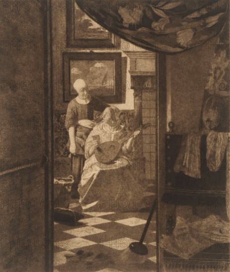 The love letter (original title), print, printmaker: Jan Veth, after painting by Johannes Vermeer, 1893, paper, etching, intaglio printmaking technique, height 196 mm x width 138 mm, lute, and special forms of lute, eg: theorbo, letter, envelope, maid, house personnel, A dimly lit interior scene showing two seated women near a tiled fireplace, one woman holding a lute and the other standing beside her with a tray, both wearing long dresses and head coverings; patterned drapery hangs above and framed landscape paintings are visible on the wall behind them; a checkerboard floor extends toward the foreground where a broom and a small bag or purse lie, and a chair or bench with draped textiles and a rounded backrest appears to the right.