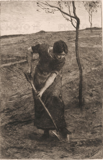 Creating woman, print, printmaker: Ernst Witkamp (signed by artist), 1864 - 1897, paper, chine collé, etching, intaglio printmaking technique, drypoint, drypoint and plate tone on chine collé, height 226 mm x width 172 mm, farmers, landscapes in the temperate zone, agricultural implements, A monochrome etching shows a figure bending forward while holding a long handled tool that is pressed into the ground; the figure wears a simple, dark dress with sleeves rolled to the elbows and has short, dark hair; the scene is set in an open landscape with textured, crosshatched fields stretching to a low horizon and a few slender, leaf-sparse trees rising near the figure; the sky is rendered with fine, horizontal lines and the foreground ground is marked with dense, directional hatchwork.
