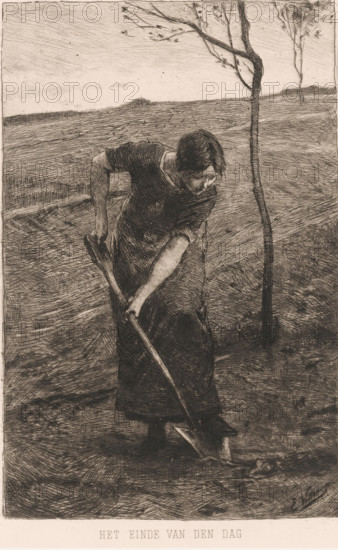 The end of the day, Creative woman, print, inscription: 'distel 1888', printmaker: Ernst Witkamp, c. 1888, paper, chine collé, etching, intaglio printmaking technique, drypoint, drypoint and plate tone on chine collé, height 227 mm x width 172 mm, farmers, landscapes in the temperate zone, agricultural implements, A monochrome etched scene shows a person bending forward while gripping a long handled tool, their head slightly bowed and hair falling toward their face, wearing a simple dress with sleeves rolled above the elbows and a long skirt, the tool's blade pressed into the ground near their feet, the figure positioned on a textured stretch of land marked by crosshatched strokes, a slender tree with bare branches rising nearby and another thin tree faintly visible in the background, a distant low ridge on the horizon and a sky filled with fine linear shading.