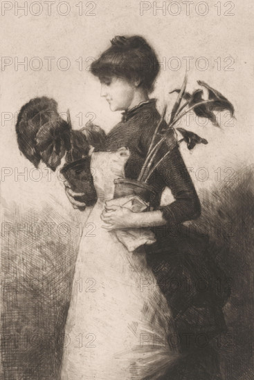 Woman with two plants, print, printmaker: Ernst Witkamp (signed by artist), 1864 - 1897, paper, etching, intaglio printmaking technique, drypoint, plate tone and drypoint on chine collé, height 229 mm x width 174 mm, adult woman, market, potted plants, A monochrome sketch of a young woman in profile facing left, wearing a dark dress with a high collar and a light apron, her hair pinned up in a bun, holding a potted plant in each arm with leaves and stems extending outward, her hands clasping the pots and a piece of cloth wrapped around one, the background is lightly textured with crosshatched shading.