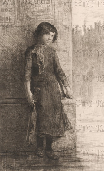 Young street musician, print, printmaker: Ernst Witkamp (signed by artist), 1864 - 1897, paper, chine collé, etching, intaglio printmaking technique, drypoint, drypoint and plate tone on chine collé, height 222 mm x width 174 mm, musician - CC - out of doors, street, popular music, street music, A young person stands leaning against a wall at the edge of a doorway, wearing a dark knee-length dress with long sleeves and a patterned scarf tied around the neck, holding a folded umbrella by the handle near the side; short dark hair frames a downcast face with a neutral expression. The scene is rendered in fine, closely hatched lines creating textured shading across the clothing and background; a vertical stone or wooden column is beside the figure and a ledge at hip height supports one hand. In the lighter right portion of the image, faint outlines suggest distant vertical shapes and a ghosted, indistinct figure in a skirt, while the left upper area shows framed rectangular shapes mounted ...