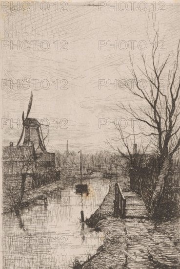 Landscape with canal, windmill and footbridge, Passerelle (original title), print, printmaker: Philip Zilcken (signed by artist), 1879, paper, chine collé, etching, intaglio printmaking technique, etching with plate tone, on chine collé, height 189 mm x width 122 mm, canal, windmill in landscape, A narrow waterway runs vertically through the scene with calm, lightly textured reflections, bordered on the right by a muddy path with footprints and a small wooden railing leading down to the water and on the left by low buildings and a windmill with blades angled and a thatched roof. Bare, leafless trees with thin, twisting branches rise from the right bank, their silhouettes contrasting against a sky filled with fine, crosshatched cloud lines. Small boats float on the water, one closer to the foreground and one further away, and reeds or grasses edge the banks. The overall image is rendered in delicate, sketchlike lines on a pale, slightly mottled background.