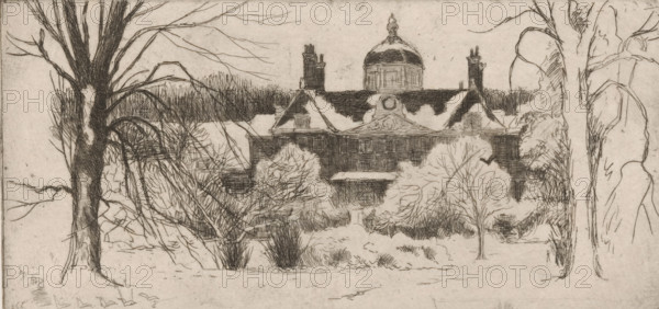 La Maison du Bois, La Haye (original title), Huis ten Bosch in the snow, print, printmaker: Philip Zilcken (signed by artist), 1890 - 1930, paper, etching, intaglio printmaking technique, zinc etching with plate tone, height 118 mm x width 247 mm, snow, palace, The Hague, Huis ten Bosch Palace, A monochrome sketch shows a large building with a central dome and steep pitched roofs, flanked by tall chimneys, partially obscured by leafless and snow-covered trees in the foreground; bare branches and textured trunks frame the scene on both sides, with shrubbery and rounded bushes at ground level, a faint horizon of dense trees behind the building, and delicate crosshatched shading and scratches across the paper surface.