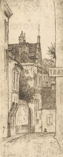 Rue Ravenstein (Bruxelles) (original title), View of Ravenstein Street in Brussels, print, printmaker: Philip Zilcken (signed by artist), 1890 - 1930, paper, etching, intaglio printmaking technique, zinc etching with plate tone, height 200 mm x width 80 mm, street, Brussels, A narrow vertical street scene rendered in a sepia-toned sketch shows tall, closely spaced buildings with varied rooflines and chimneys, detailed roof tiles, and ornate gables. The left side features a building with arched openings and a projecting window, while the right side includes façades with rectangular windows and a signboard extending from one wall. In the middle distance, dense foliage or vines spill from between buildings. The street surface slopes and leads toward an arched doorway and a recessed passage. A small, solitary figure wearing a hat sits near the base of a wall on the right. Fine, stippled and linear etching marks texture the sky and surfaces throughout the composition.