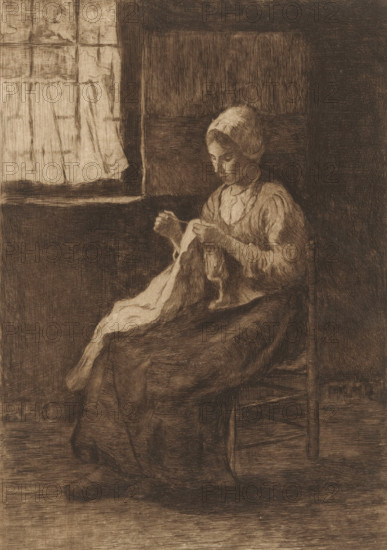 The seamstress (original title on object), print, printmaker: Philip Zilcken (signed by artist), after design by Jozef Israëls (signed by artist), 1890 - 1930, paper, etching, drypoint, intaglio printmaking technique, height 222 mm x width 182 mm, adult woman, sewing, A sepia-toned drawing shows a seated figure wearing a head covering and a simple dress, holding fabric and needlework in their hands while looking downward; the figure sits on a wooden chair with visible slats and a woven seat, and long folds of the skirt drape over the legs and feet. To the left there is a window with panes and a light curtain partially drawn, casting lighter tones against the darker interior wall panels behind the figure. The room is rendered with fine crosshatching and textured shading, creating contrasts between the illuminated window area, the mid-tones around the figure, and the deep shadowed corners of the space.