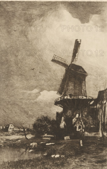 Mill and washing woman, Moulin à vent (original title), Jacob Maris. Twelve Landscapes, print, number: '12', printmaker: Philip Zilcken (signed by artist), after design by Jacob Maris, publisher: Johan Marinus Schalekamp, Amsterdam, 1888, paper, Japanese paper (handmade paper), etching, drypoint, intaglio printmaking technique, height 299 mm x width 200 mm, windmill in landscape, laundering, A tall windmill with large angled sails towers over a small cluster of buildings, its wooden structure rendered with dense, linear shading; a railing encircles the mill's gallery and a sloping roof and walls of nearby houses sit in shadow beside it. In the foreground, a person bent over near the water's edge is visible, along with tufts of grass and light patches on the ground. A tree with bare branches stands between the mill and distant low houses across a stretch of land, and several small birds are sketched in the sky. The sky itself is filled with crosshatched, swirling cloud textures that cre...