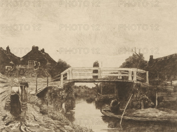 Le Pont (original title), Bridge over a canal in a village, Jacob Maris. Twelve Landscapes, print, number: '3', printmaker: Philip Zilcken (signed by artist), after design by Jacob Maris, publisher: Johan Marinus Schalekamp, Amsterdam, 1888, paper, Japanese paper (handmade paper), etching, drypoint, intaglio printmaking technique, height 217 mm x width 270mm, village, bridge, A sepia-toned etching shows a rural waterside scene with a wooden footbridge spanning a narrow canal, a person standing on the bridge leaning on the railing, and a small boat in the water with a seated figure holding a pole. Thatched cottages and rooflines appear beyond the bridge, with trees and chimneys rising behind them. In the foreground a path runs alongside the canal where two women wearing head coverings walk away from the viewer carrying buckets, and another figure sits in a small boat nearer the foreground. The sky is filled with fine, crosshatched lines.