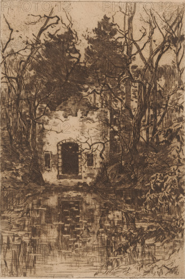 Ruins by a pond, print, printmaker: Willem de Zwart (signed by artist), c. 1896, paper, etching, intaglio printmaking technique, height 292 mm x width 195 mm, landscape with ruins, pond, pool, Lage Vuursche, A textured monochrome etching shows a small stone structure with a rounded doorway and a rectangular window opening, set amid dense trees and tangled vines, with branches arching and intertwining above and around the building; the foreground features reflected linear marks suggesting water and reeds, while the surrounding vegetation includes tall trunks, leafy canopies, and undergrowth rendered in fine crosshatched lines.