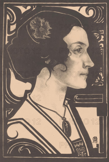 Portrait of an unknown woman, Sketch design for a stained glass portrait, design, print, A woman with her hair up and a necklace., printmaker: Richard Nicolaüs Roland Holst (signed by artist), 1916-10, paper, lithography, height 645 mm x width 482 mm, anonymous historical person portrayed - BB - woman, A monochrome portrait of a woman in profile facing right, rendered with strong dark outlines and soft shading; she has dark curly hair pinned up with a large flower, a smooth forehead, defined eyebrow, and a focused eye; her nose is straight and her lips are closed with subtle shading around the cheek and jaw; she wears a necklace with an oval pendant and a garment with bold striped trim; the background features decorative curving motifs and framed borders surrounding the figure.