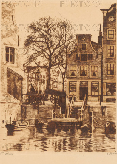 Overhaul at the Montelbaan Tower in Amsterdam, print, Viewed from the Oude Schans towards Oude Schans 4., watermark, printmaker: Willem Witsen (signed by artist), Amsterdam, 1912-05-05, paper, etching, intaglio printmaking technique, aquatint, height 234 mm x width 183 mm, the usual house or row of houses, canals, waters (in city), city-view, and landscape with man-made constructions, Montelbaan Tower, A sepia-toned etched scene shows narrow canal-side buildings with tall, narrow windows and decorative gables, a leafless tree with intricate bare branches rising between the structures, a wooden stair and dock area leading down to the water, small rowboats tied up along the canal, reflected ripples on the water surface, a cart with large wheels near the buildings, lamp posts and architectural details on the facades, and a vertical building edge framing the left side.