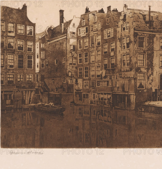 View of the Oudezijds Kolk in Amsterdam, Oudezijds Kolk (original title), print, annotation: 'épreuve d'essai', printmaker: Willem Witsen (signed by artist), 1897, Willem Witsen, printmaker, paper, etching, aquatint, intaglio printmaking technique, height 279 mm x width 307 mm, the usual house or row of houses, canals, waters (in city), Amsterdam, Oudezijds Kolk, A sepia-toned etched scene of narrow, tall buildings lined along a waterfront, each building showing multiple rectangular windows, varied rooflines, chimneys, and textured brickwork; a wooden stairway and small dock area appear between buildings, and a rowboat with a seated figure is moored at the water's edge, the dark surface reflecting the facades and windows of the buildings above.