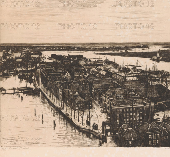 Harbour, Dordrecht (original title), View of Dordrecht looking north from the tower of the Grote Kerk, Dordrecht I (original title), print, annotation: 'épr. d'essai 1e état', printmaker: Willem Witsen (signed by artist), 1900, Willem Witsen, printmaker, paper, etching, intaglio printmaking technique, height 323 mm x width 368 mm, harbour, city-view in general, 'veduta', river, Dordrecht, A detailed sepia-toned etching shows a riverside town with rows of closely packed buildings and pitched roofs lining narrow streets and a quay, a waterfront promenade with bare trees and lampposts, docks with moored boats and small piers, a canal or waterway cutting through the town with bridges and reflections on the water, a broader river beyond with several sailboats and a windmill on the opposite bank, dense rooftops filling the foreground and middle ground, and a wide sky above marked by fine horizontal linework.