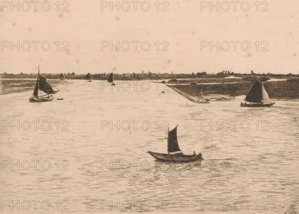 Dordrecht VII (original title), View of the river Noord near Dordrecht, River view, Dordrecht (original title), print, View from the Groothoofdspoort or from one of the rooms in Hotel Bellevue of the river Noord near Dordrecht., printmaker: Willem Witsen, 1900, paper, etching, intaglio printmaking technique, height 234 mm x width 319 mm, sailing-ship, sailing-boat, river, A wide, calm water scene rendered in pale tones with several small sailboats scattered across the surface, each boat shown with a dark sail and simple hull lines, one boat prominent in the lower center foreground with a dark sail casting a reflection, a low distant shoreline stretching across the middle distance with flat, tree-lined land and a few small structures barely outlined, subtle horizontal line shading on the water and faint speckling across the sky, and minimal contrast between water and sky creating a tranquil, open composition.
